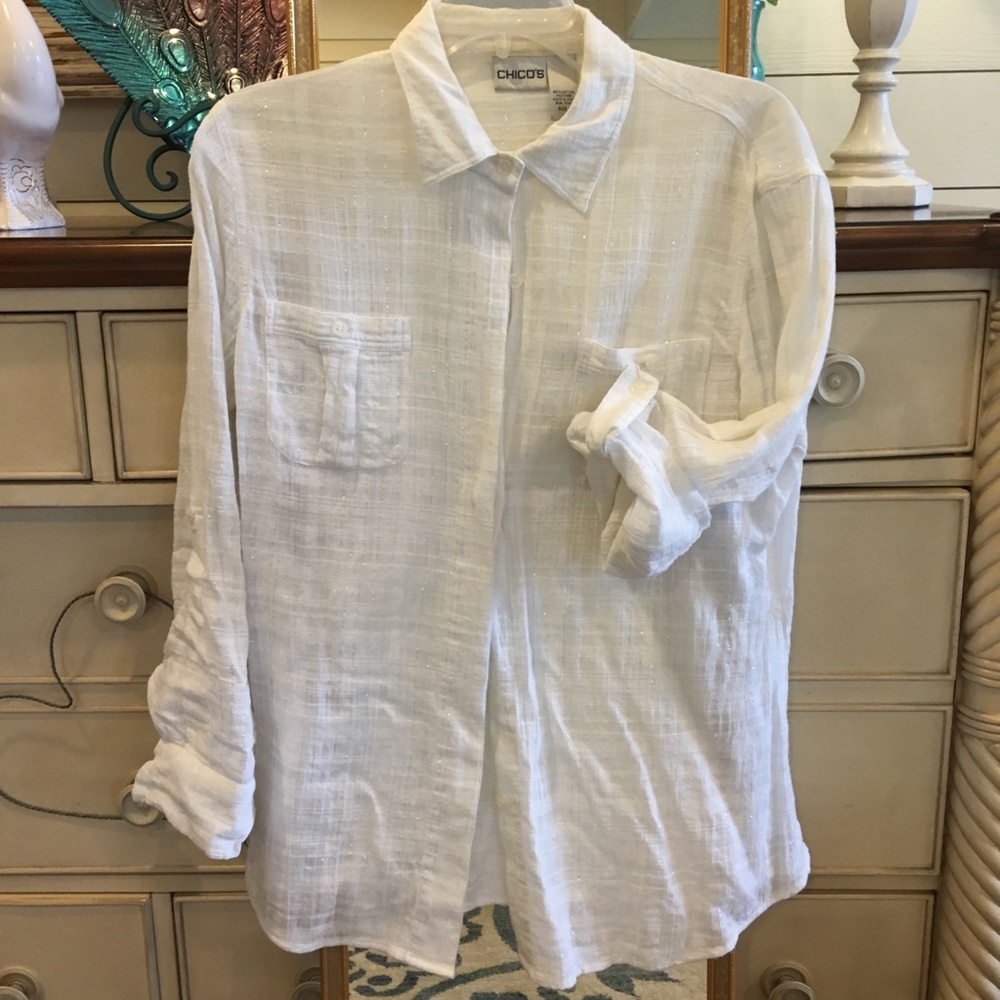 Chico’s white sparkle stripe tab-sleeve top